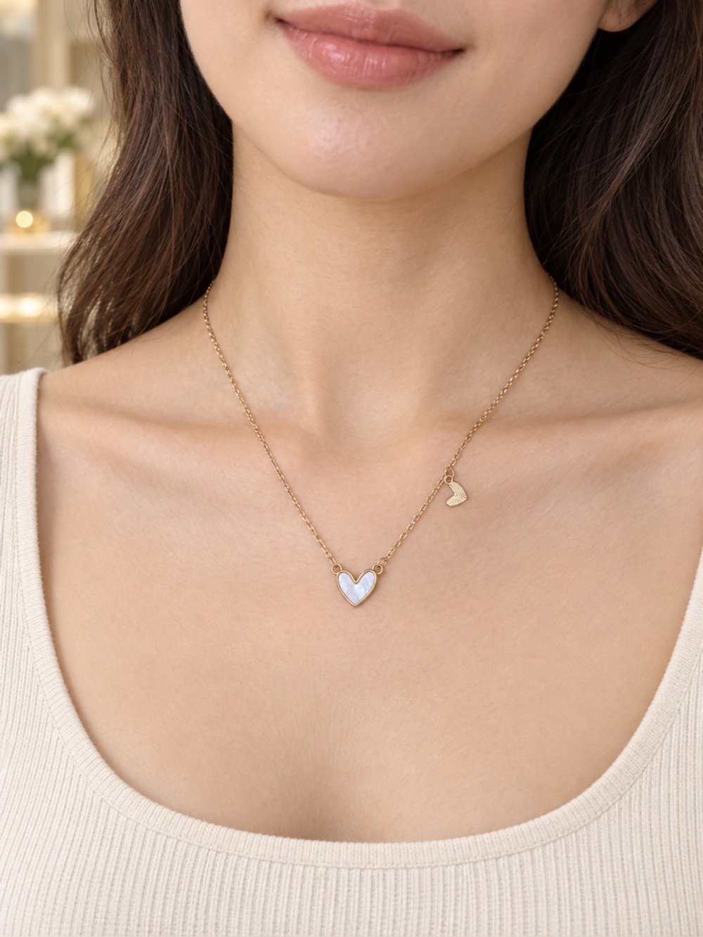 Heart Pendant Necklace with White Inlay - Women Jewelry